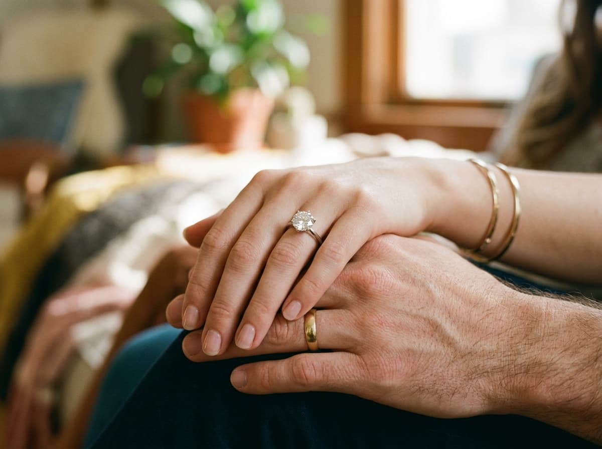 Couple hands holding with diamond engagement ring